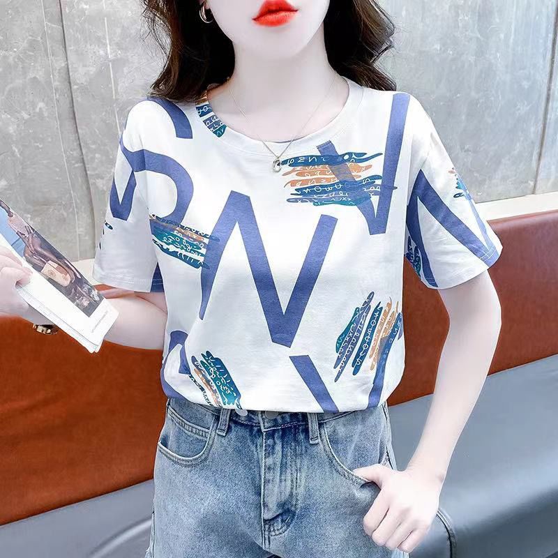 Women's White Letter Print Round Neck Short Sleeve T-Shirt