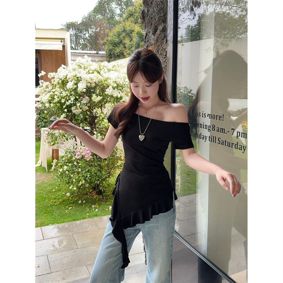 Women's Modal V-Neck Ruffle Slim Fit Short Sleeve T-Shirt