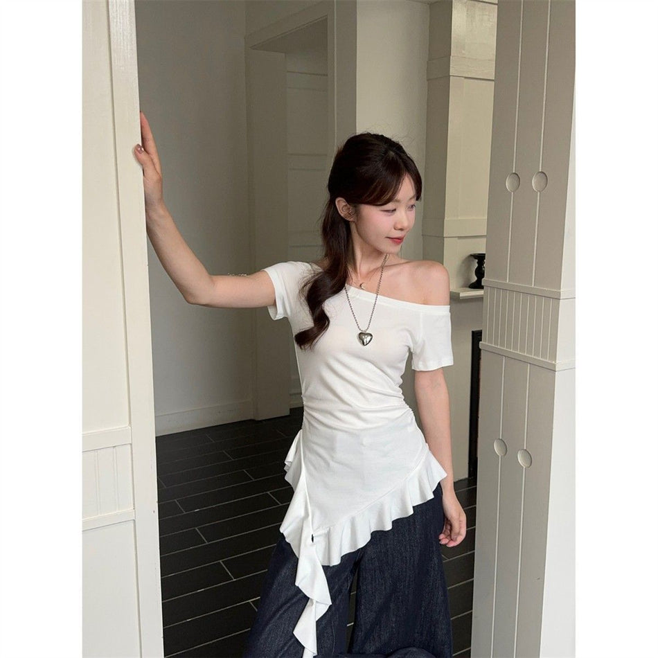 Women's Modal V-Neck Ruffle Slim Fit Short Sleeve T-Shirt
