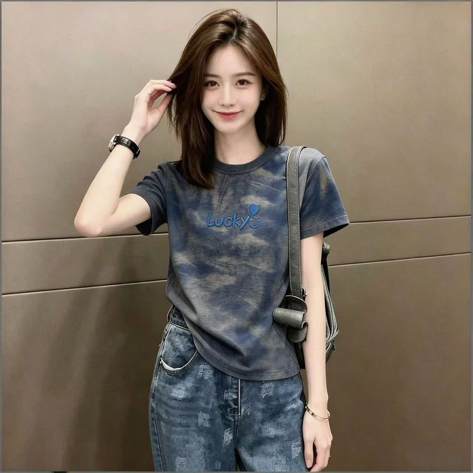Women's Vintage Tie-Dye Round Neck Short Sleeve T-Shirt