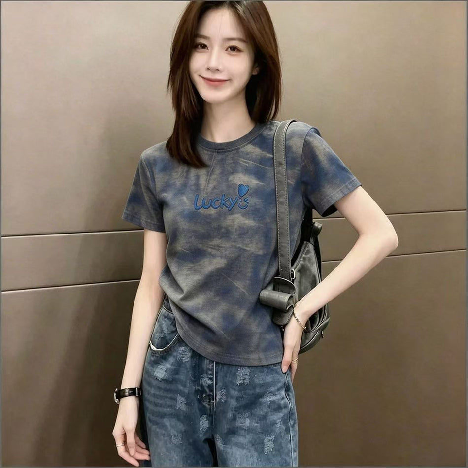 Women's Vintage Tie-Dye Round Neck Short Sleeve T-Shirt