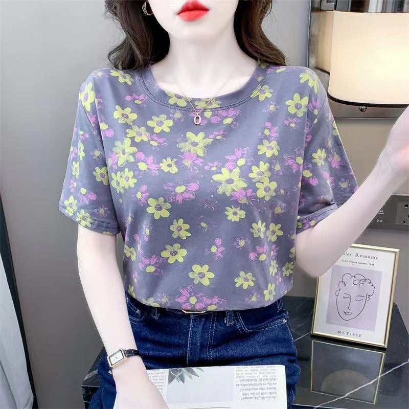 Women's Daisy Print Round Neck Short Sleeve Plus Size T-Shirt