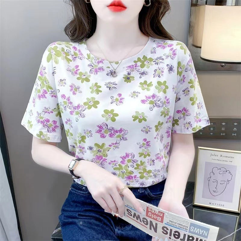 Women's Daisy Print Round Neck Short Sleeve Plus Size T-Shirt