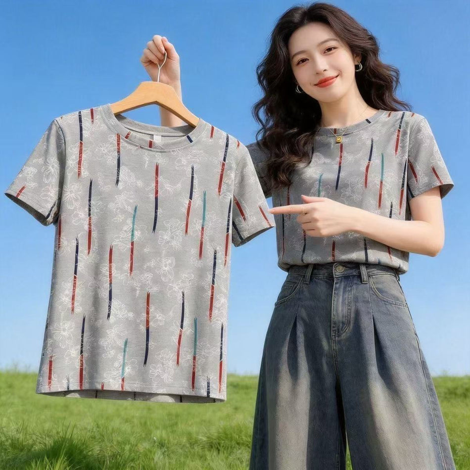 Women's Floral Stripe Print Round Neck Short Sleeve T-Shirt