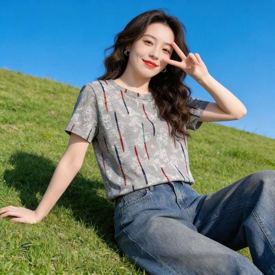 Women's Floral Stripe Print Round Neck Short Sleeve T-Shirt