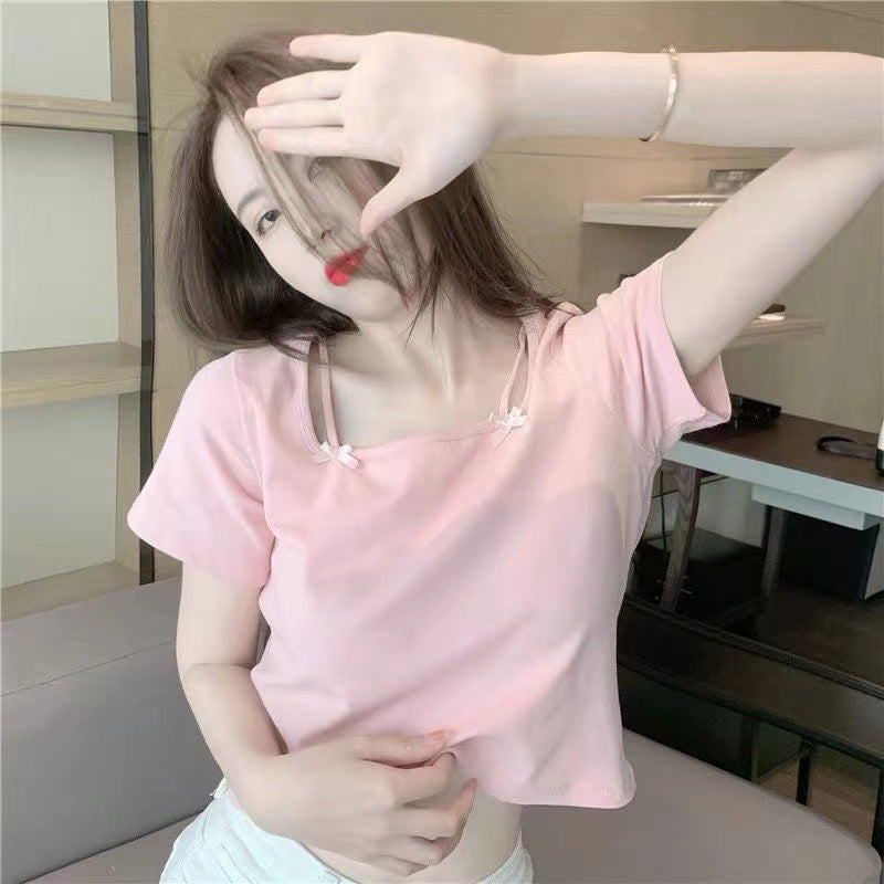 Women's Square Neck Bow Short Sleeve Cropped T-Shirt