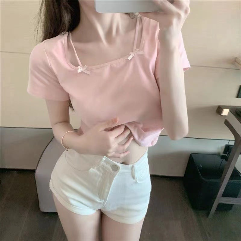 Women's Square Neck Bow Short Sleeve Cropped T-Shirt