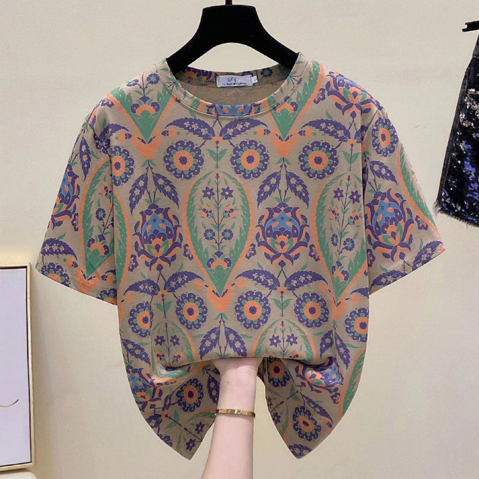 Plus Size Printed Round Neck Short Sleeve Women's T-Shirt