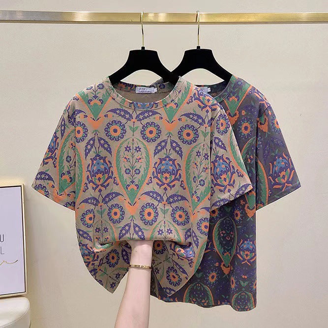 Plus Size Printed Round Neck Short Sleeve Women's T-Shirt