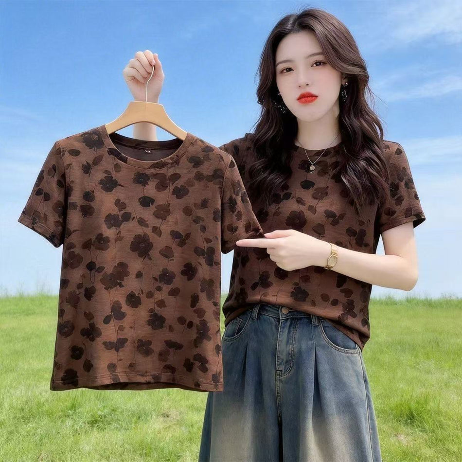 Women's Floral Print Round Neck Relaxed Fit Short Sleeve T-Shirt