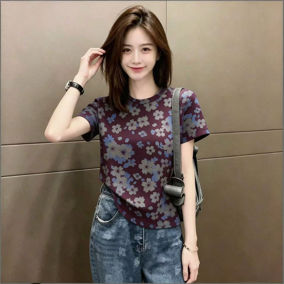 Women's Floral Print Round Neck Short Sleeve T-Shirt