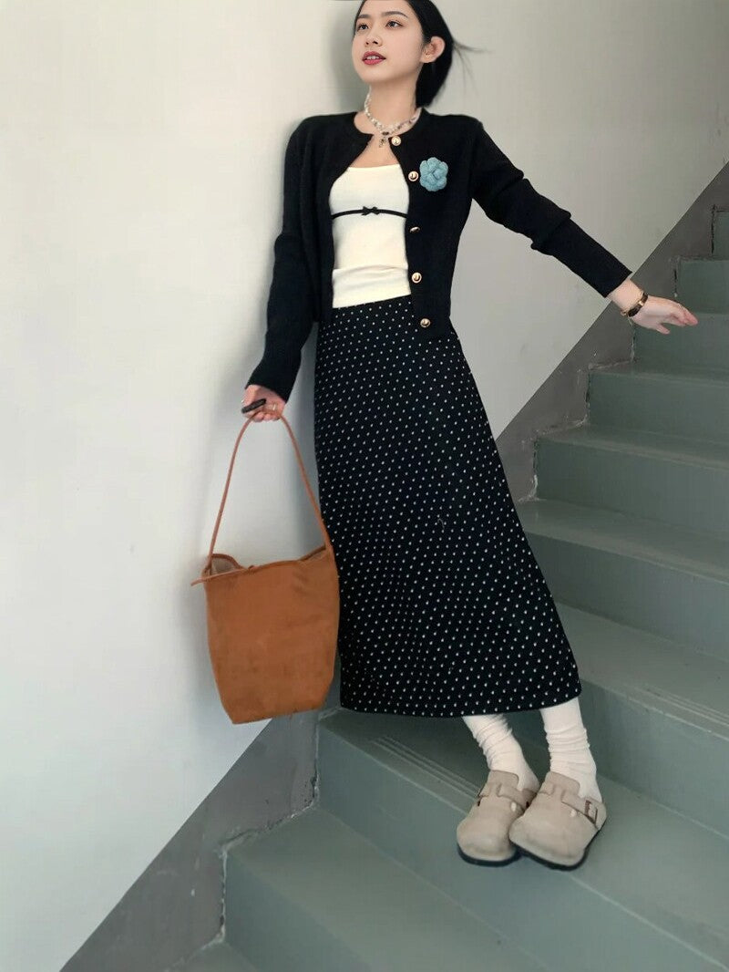 Women's High-Waisted Polka Dot A-Line Midi Skirt