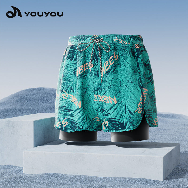 Men's Anti-Embarrassment Double Layer Boxer Swim Trunks