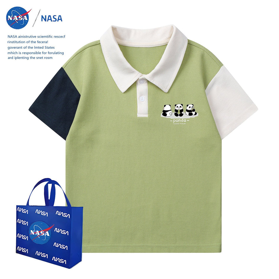 Boys Panda Print Polo Collar Short Sleeve T-Shirt