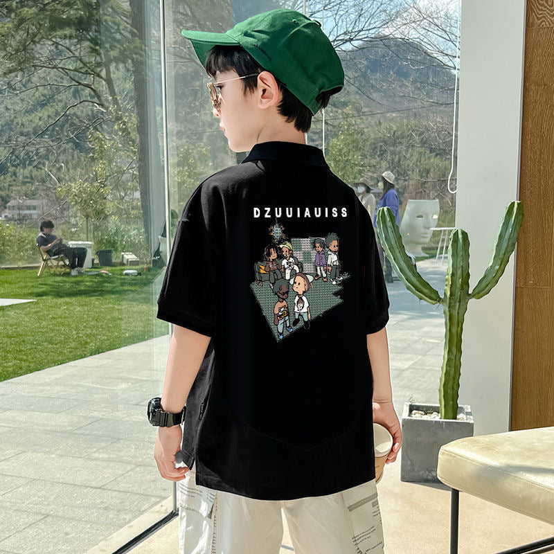 Boys Cartoon Print Polo Collar Short Sleeve T-Shirt