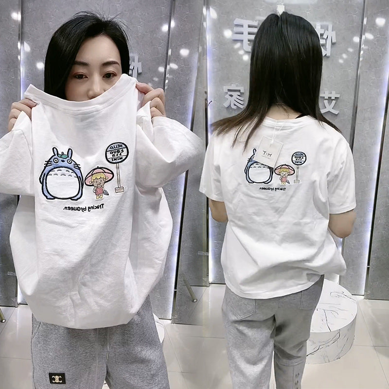 Women's Plus Size Cartoon Embroidered Cotton T-Shirt