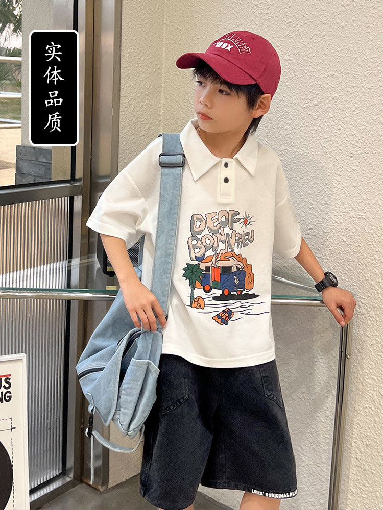 Boys 100% Cotton Monster Print Polo Collar T-Shirt