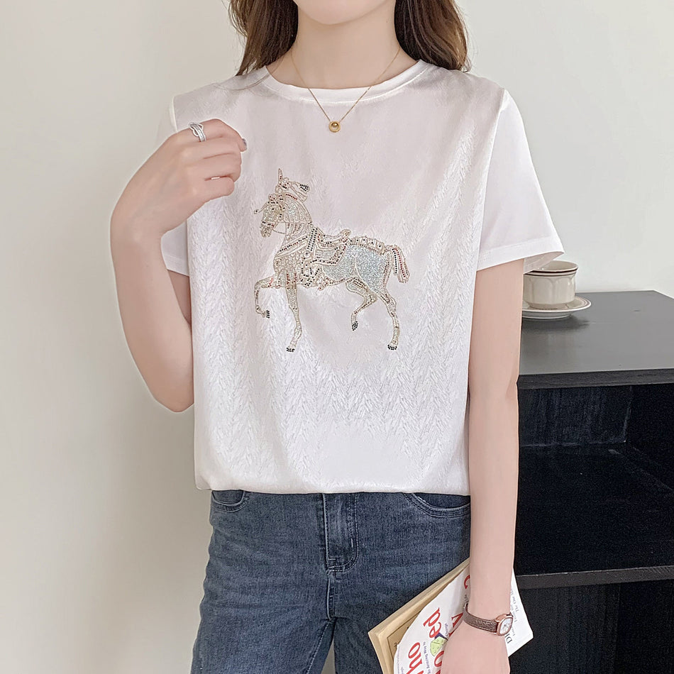 Women's Satin Rhinestone Print Crew Neck Short Sleeve T-Shirt