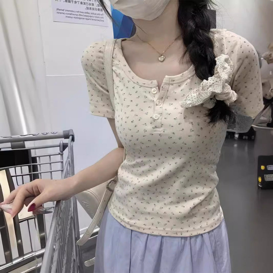 Women's Floral Half-Open Collar Slim Fit Short Sleeve Top