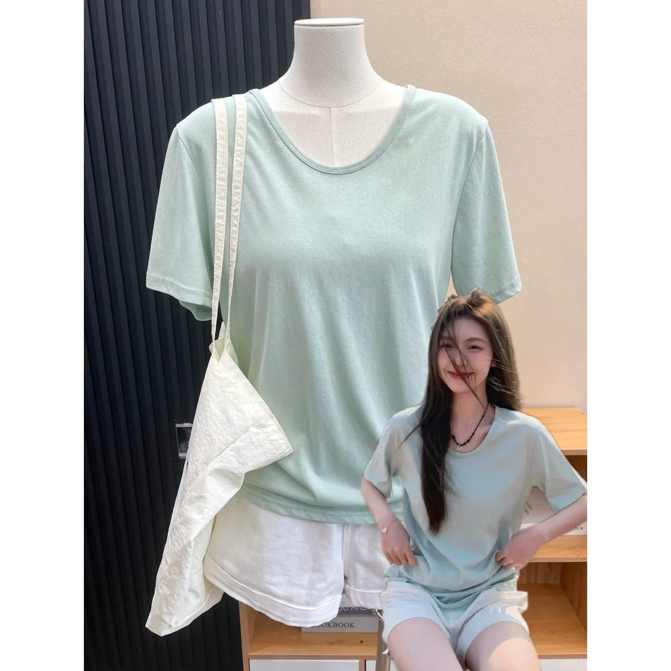 Women's Cotton U-Neck Loose Fit Short Sleeve T-Shirt