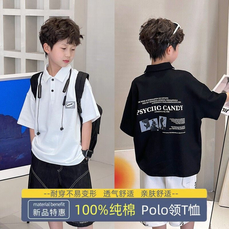 Boys 100% Cotton Polo Collar Short Sleeve Casual T-Shirt