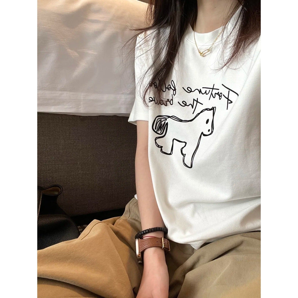 Women's Cotton Pony Print Crew Neck Short Sleeve T-Shirt