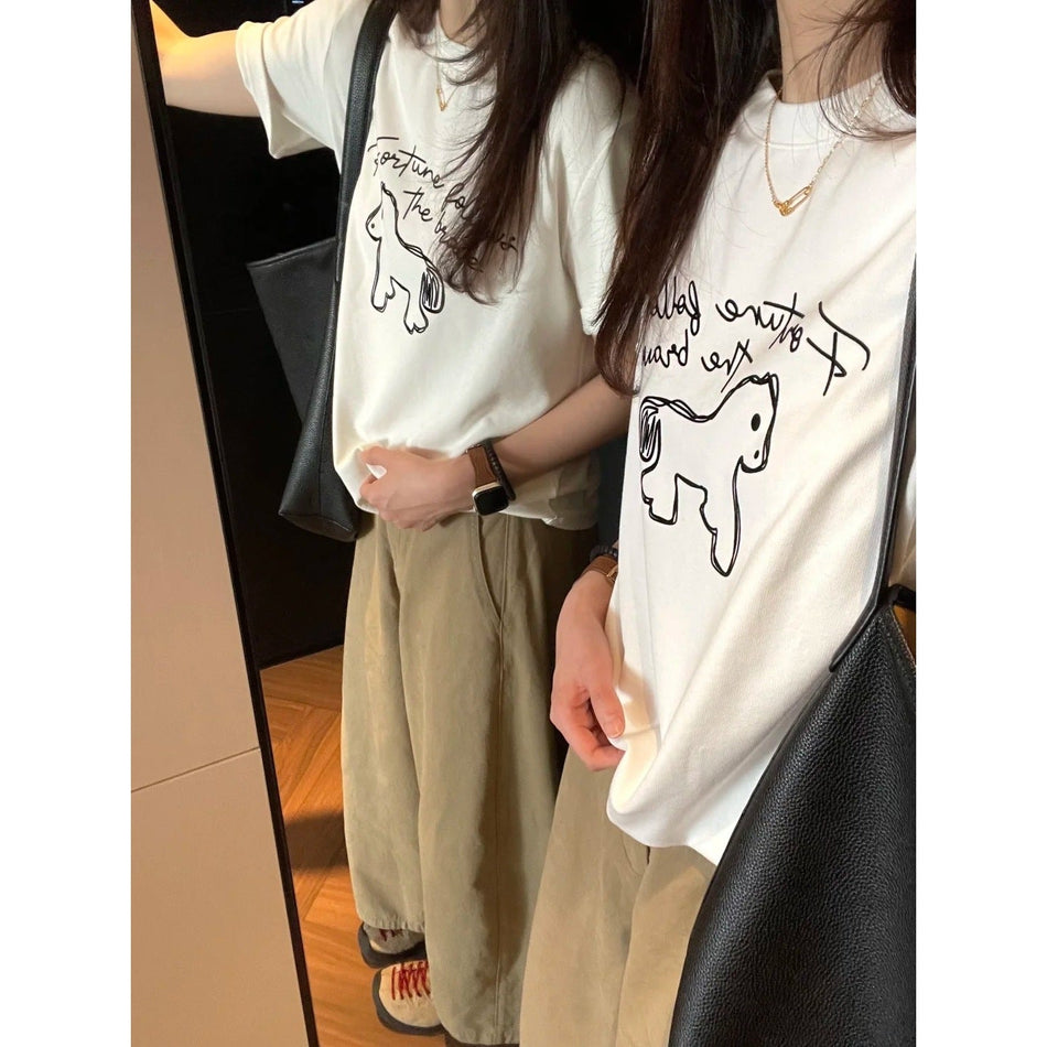Women's Cotton Pony Print Crew Neck Short Sleeve T-Shirt