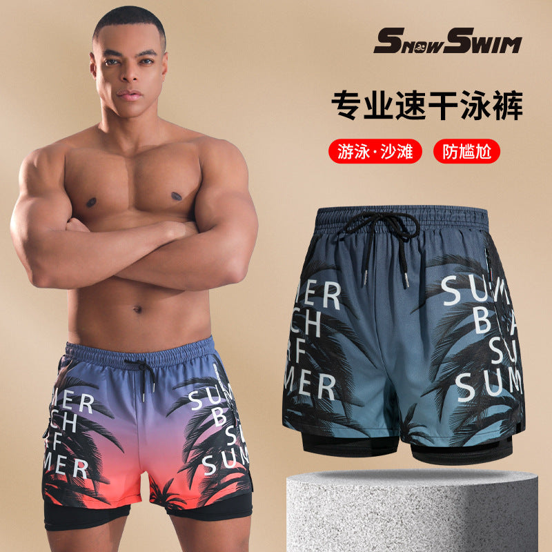Men's Double Layer Zipper Boxer Swim Trunks Beach Shorts