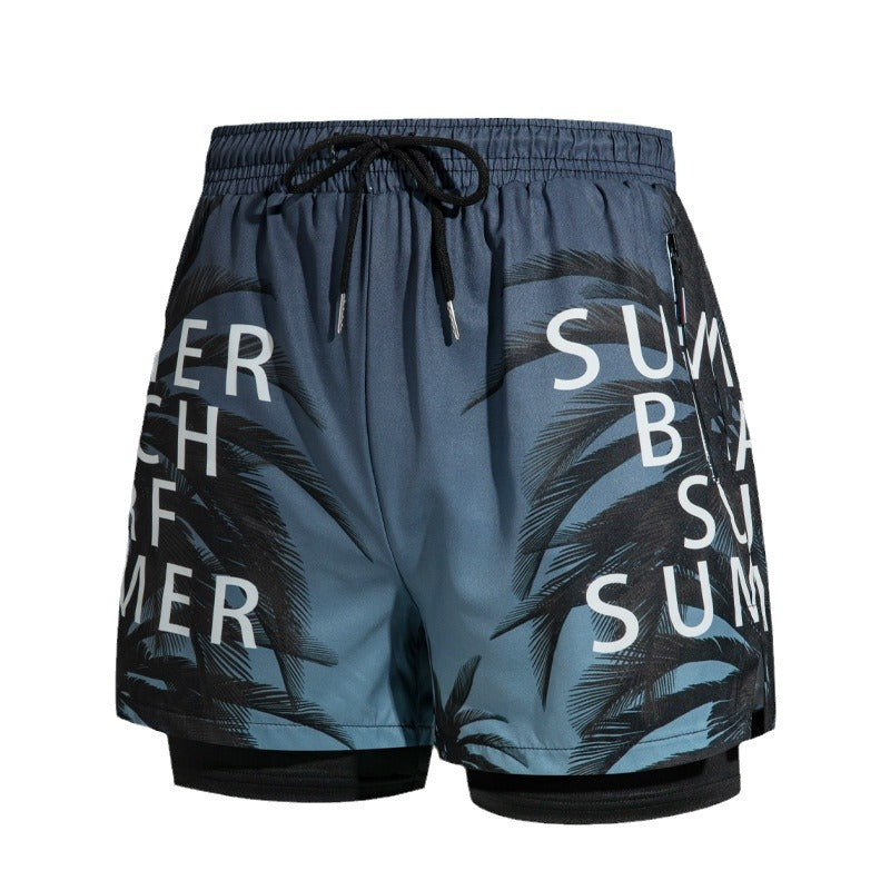 Men's Double Layer Zipper Boxer Swim Trunks Beach Shorts