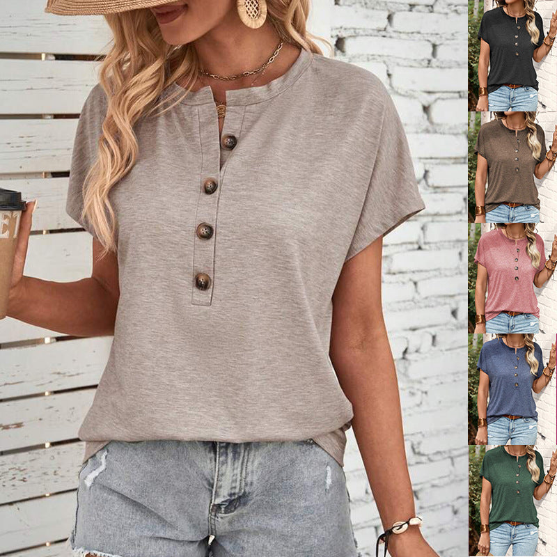 Women's V-Neck Button Short Sleeve Loose T-Shirt