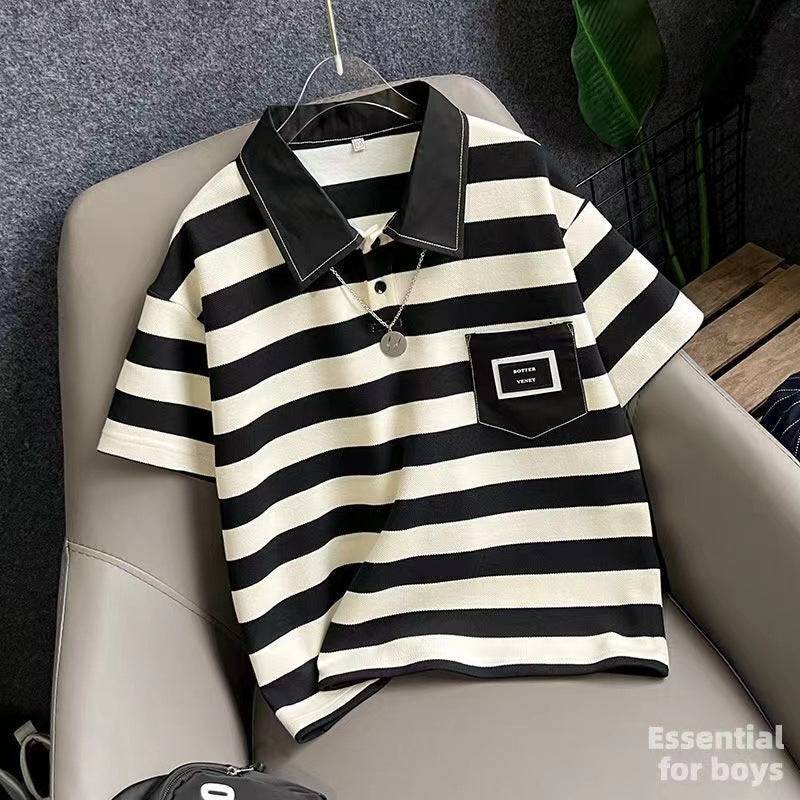 Boys Striped Polo Collar Short Sleeve Casual T-Shirt