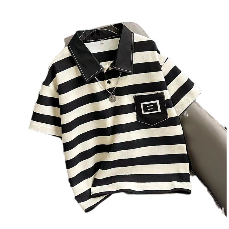 Boys Striped Polo Collar Short Sleeve Casual T-Shirt