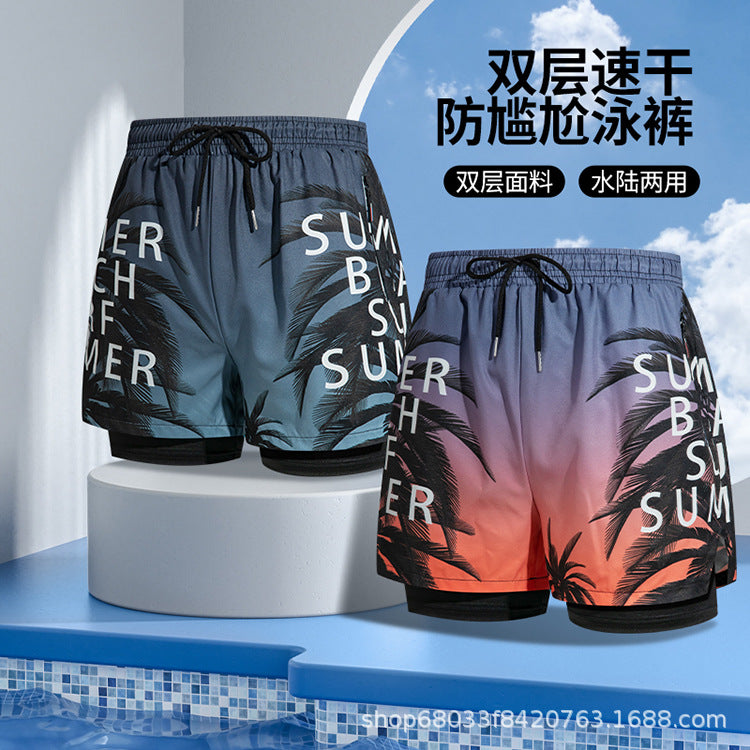Men's Quick Dry Double Layer Zipper Swim Trunks