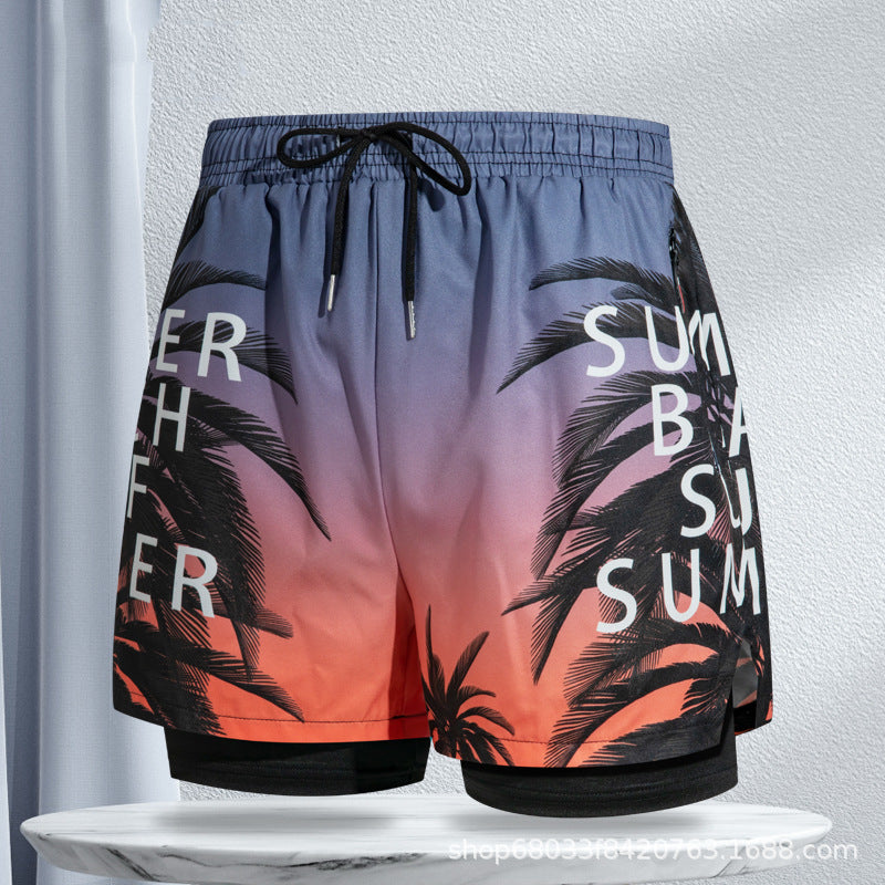 Men's Quick Dry Double Layer Zipper Swim Trunks