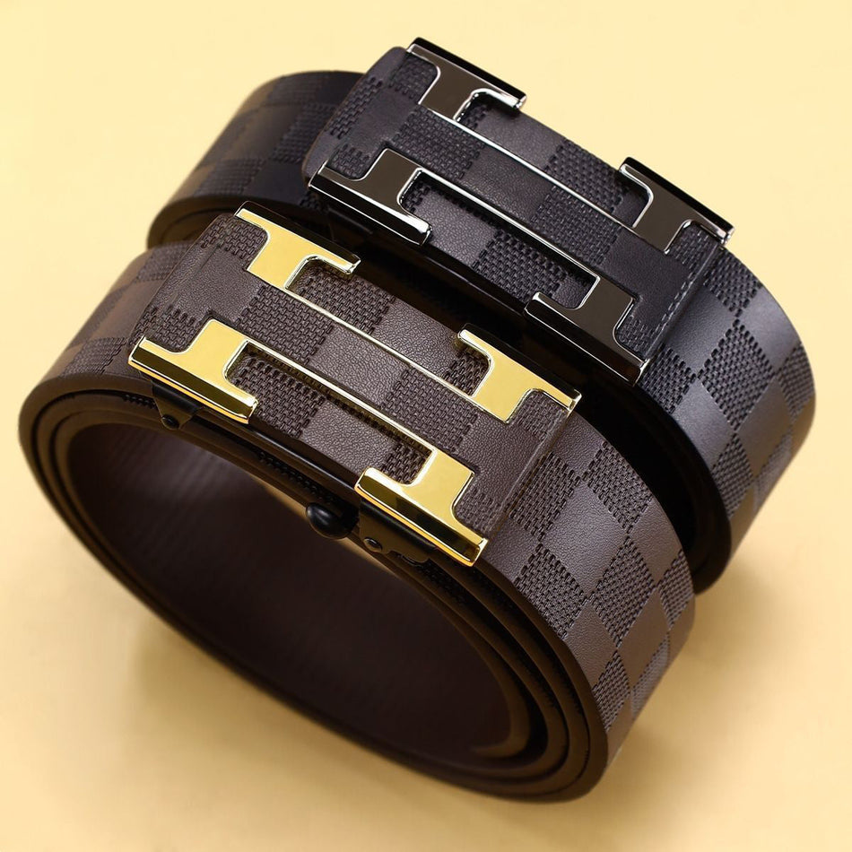 Men's Plaid H Buckle Automatic Belt with Business Style
