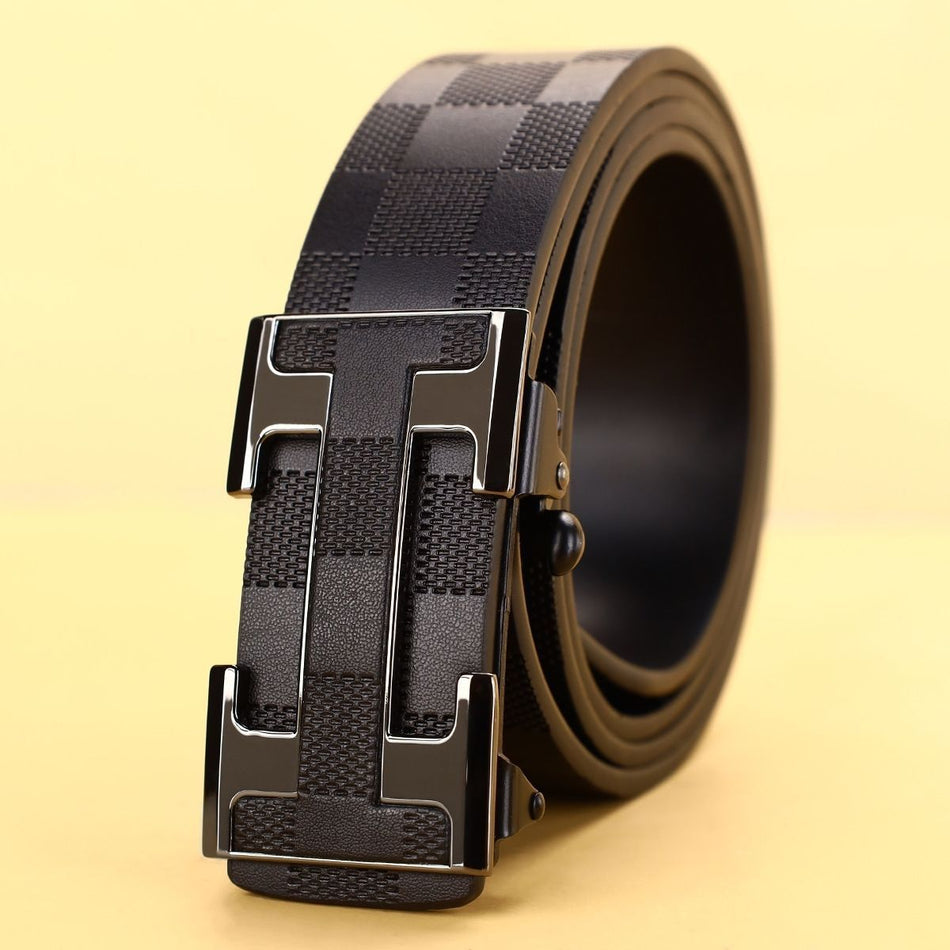 Men's Plaid H Buckle Automatic Belt with Business Style