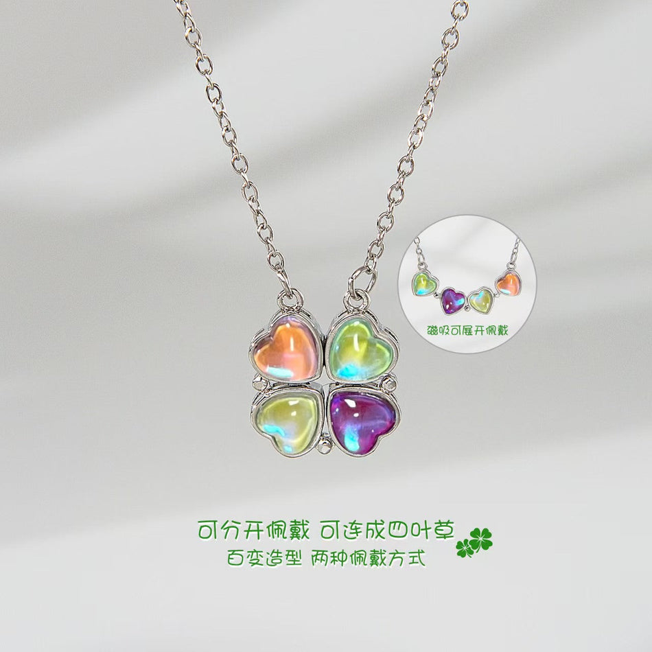 Colorful Four-Leaf Clover Magnetic Heart Pendant Necklace