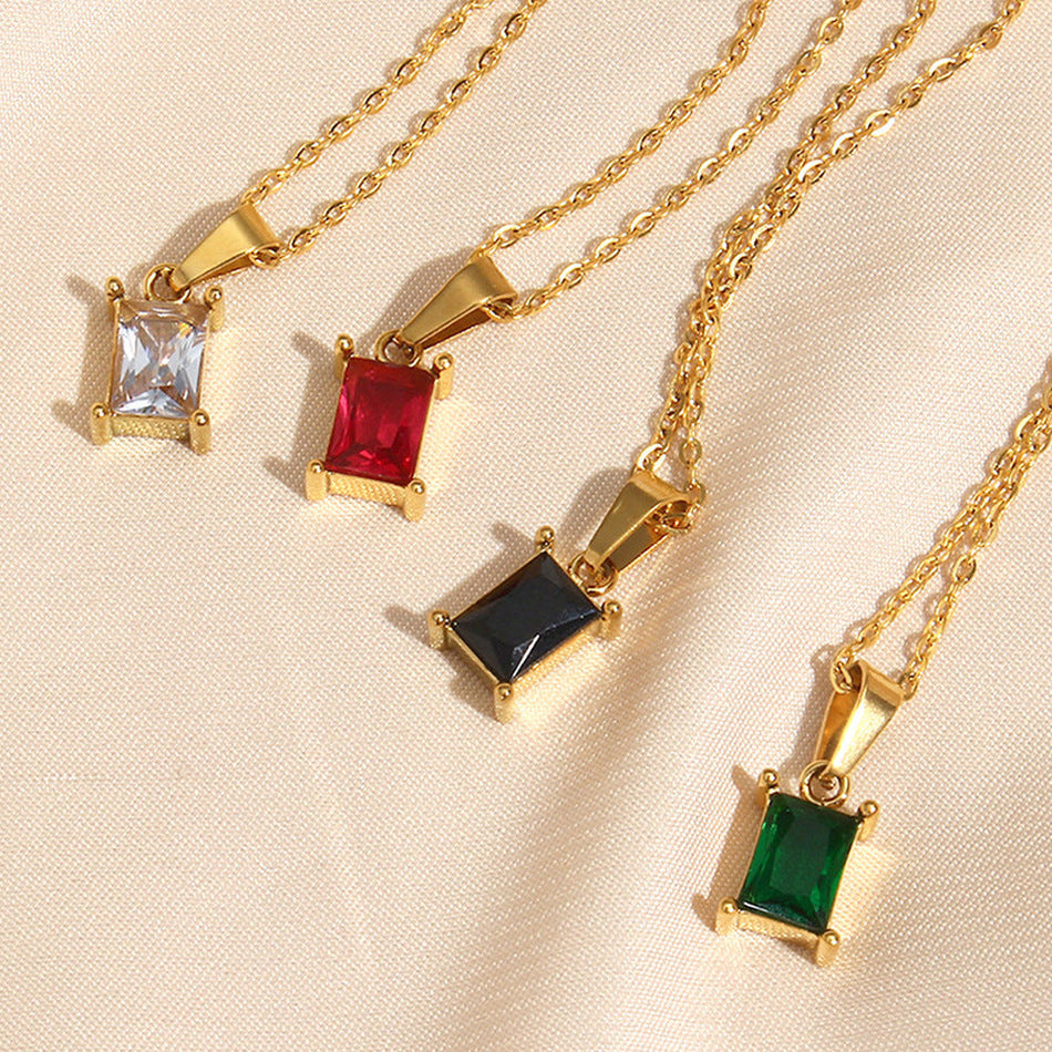 Stainless Steel Square Zircon Pendant Necklace for Women