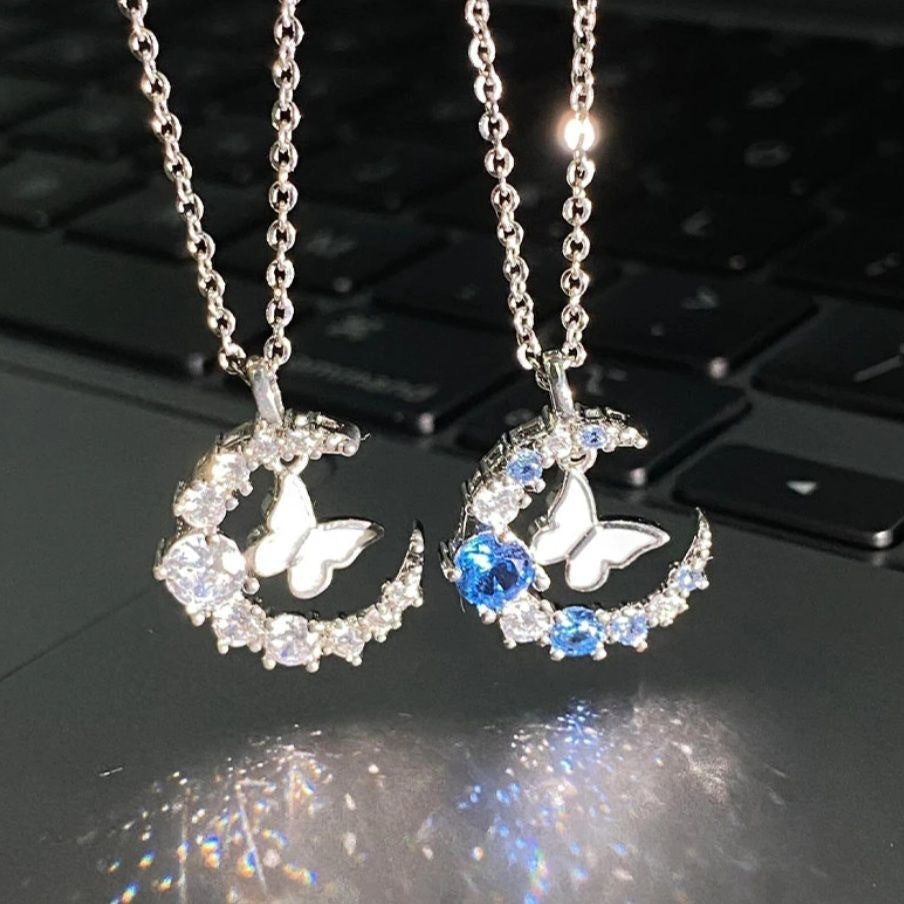Moon Butterfly Diamond Pendant Necklace for Women