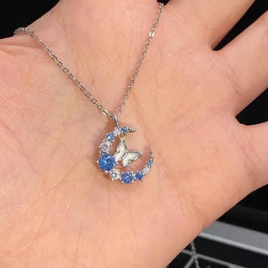 Moon Butterfly Diamond Pendant Necklace for Women