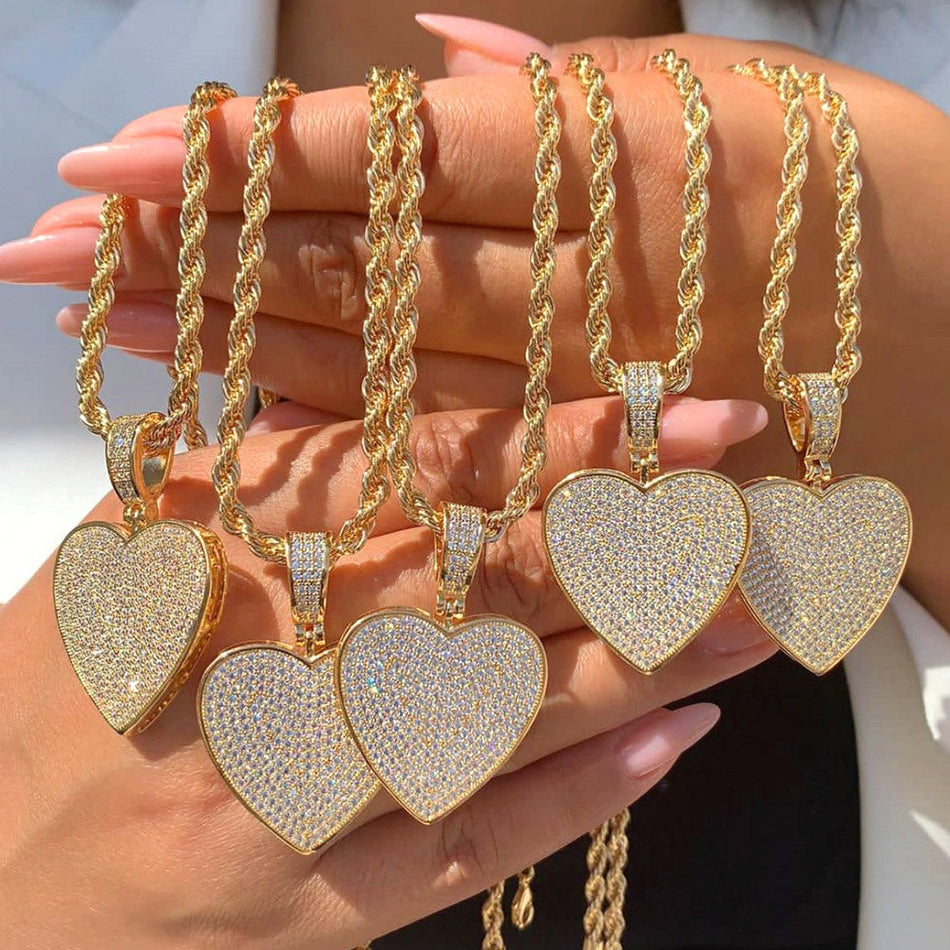 Full Crystal Heart Pendant Necklace for Men and Women