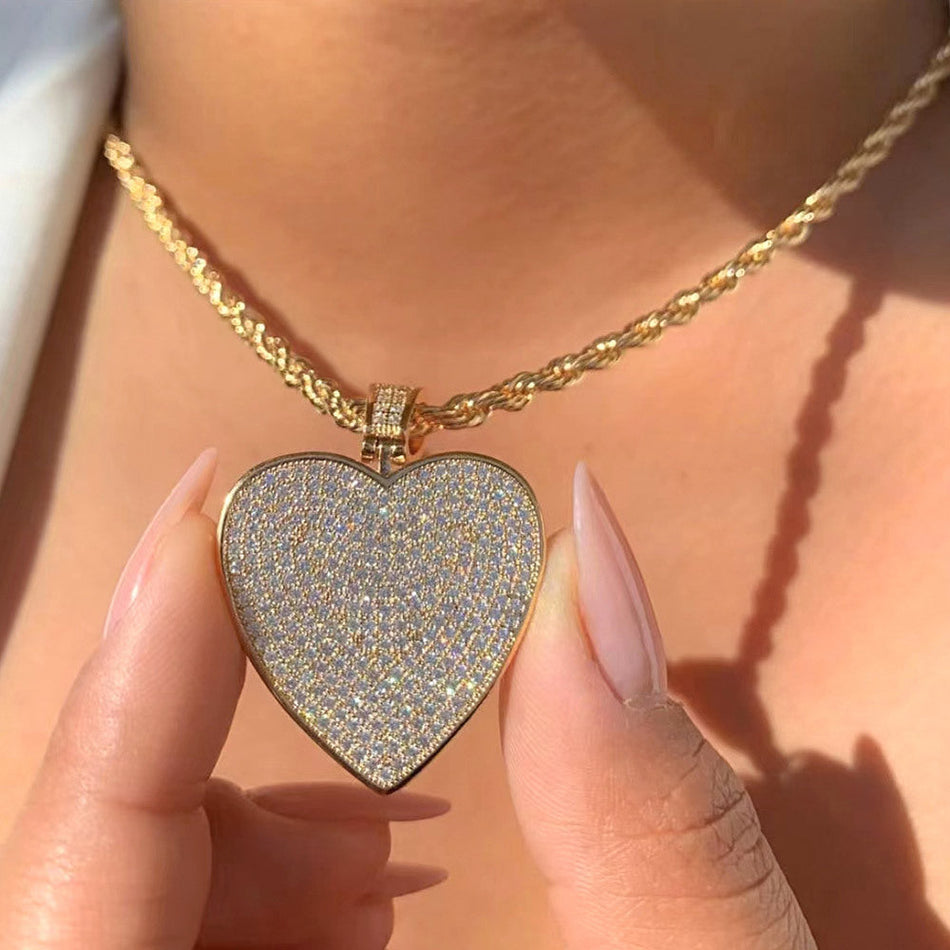 Full Crystal Heart Pendant Necklace for Men and Women