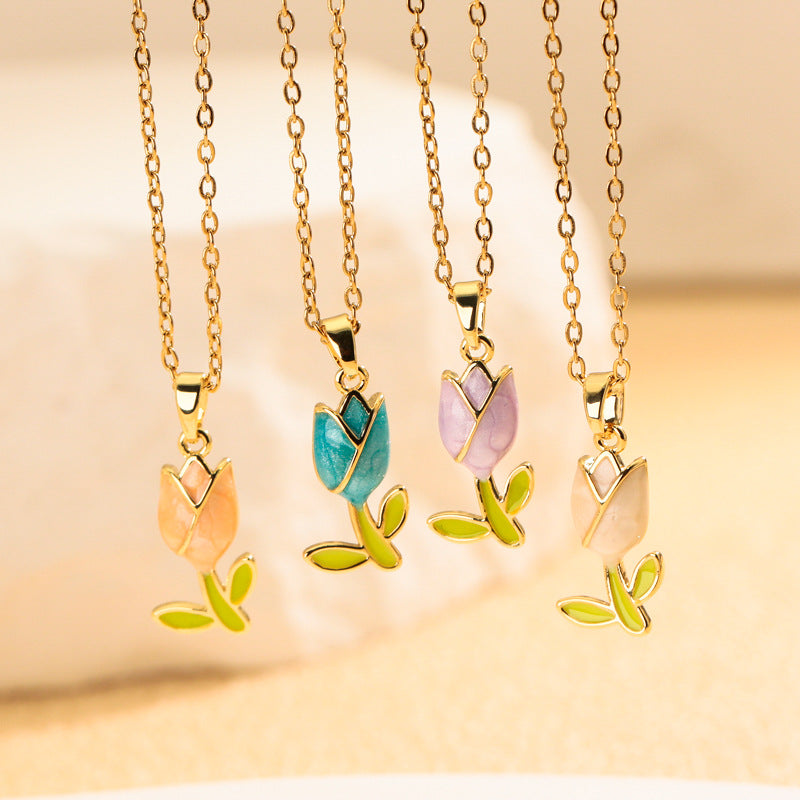 Colorful Enamel Tulip Rose Pendant Necklace for Women
