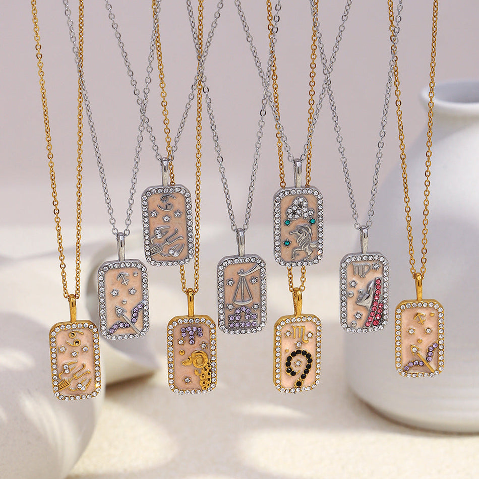 18K Gold Plated Zodiac Square Pendant Necklace for Women