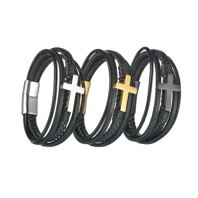 Men's Multi-Layer Leather Bracelet with Woven Rope Design