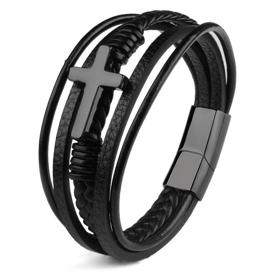 Men's Multi-Layer Leather Bracelet with Woven Rope Design