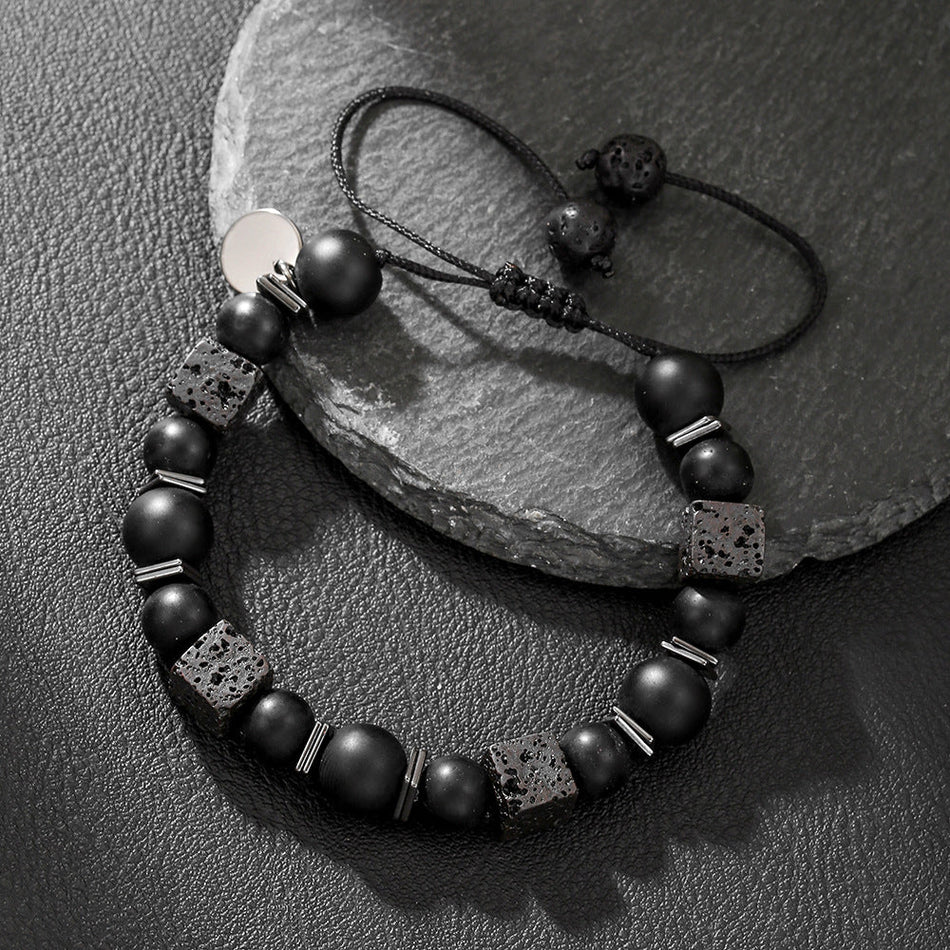 Men's Lava Stone Woven Bracelet with Matte Black Beads