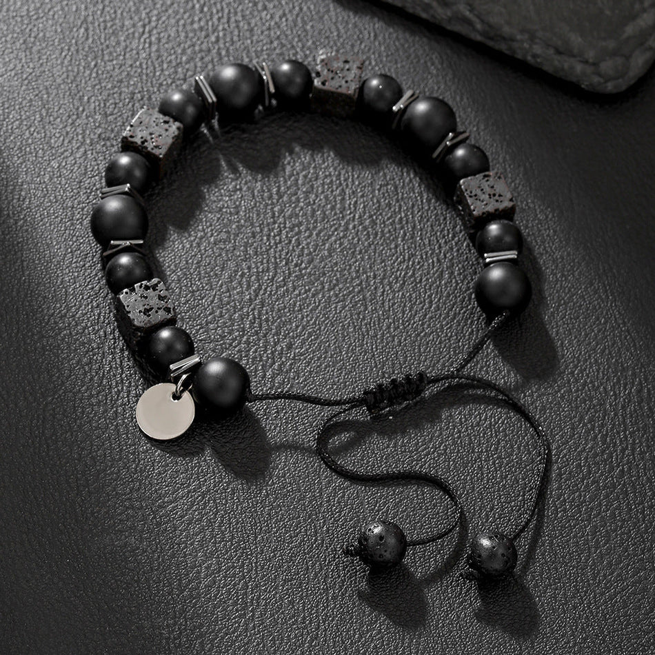 Men's Lava Stone Woven Bracelet with Matte Black Beads