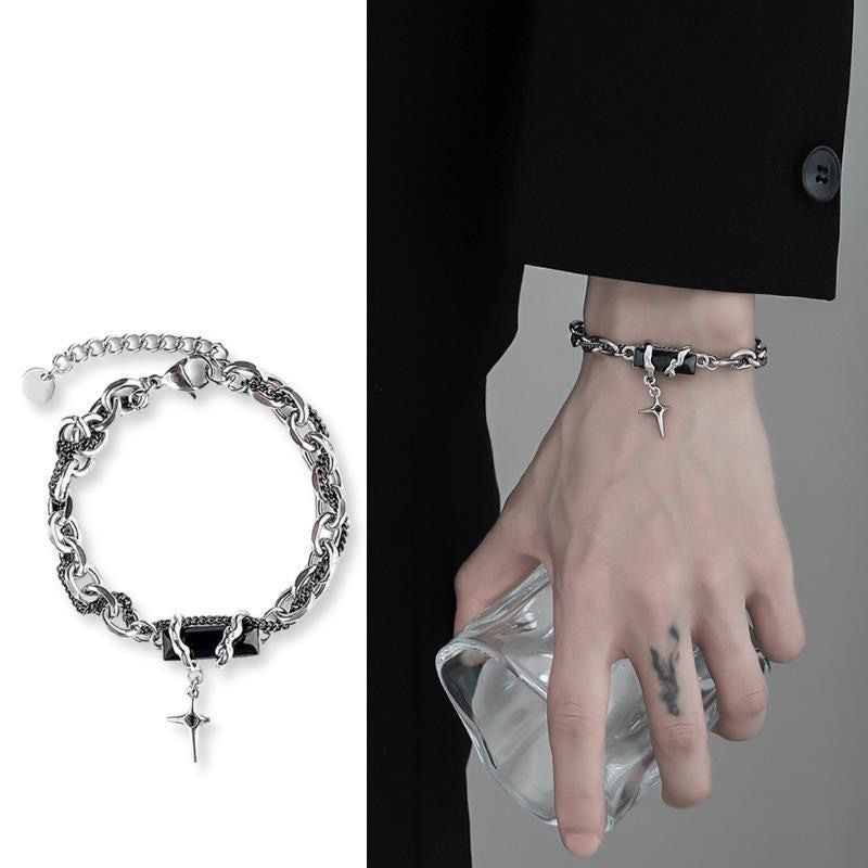 Black Zircon Cross Double Layer Bracelet for Men