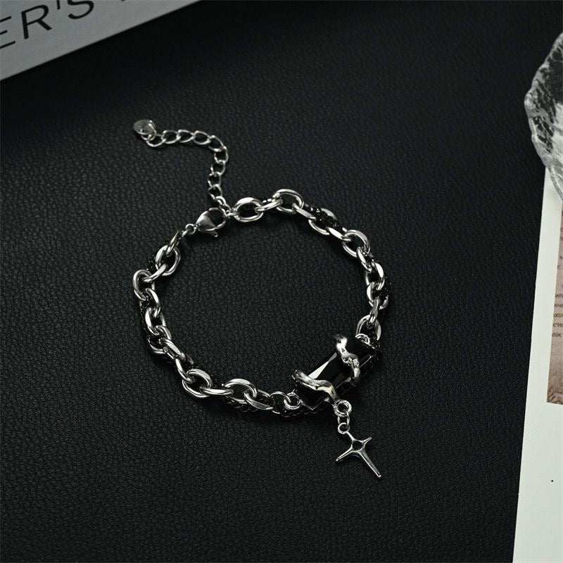 Black Zircon Cross Double Layer Bracelet for Men